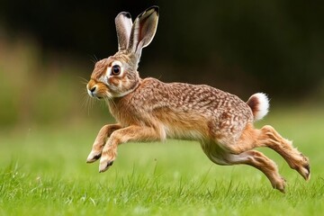 Fototapeta premium A Majestic Hare in Mid-Flight: Capturing the Grace and Speed of Nature's Wild Creatures in a Lush Green Field Under the Sunlight.