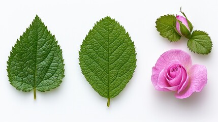 Lavender Rose and Green Leaves on White Background