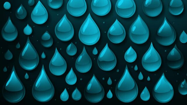 Stop motion vector animation, dark black background with blue water drops of different sizes