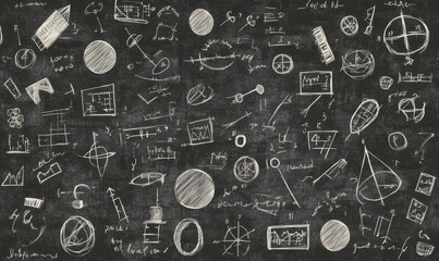 Chalkboard full of math drawings and equations.