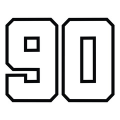 90 Classic Vintage Sport Jersey / Uniform numbers in black with a black outside contour line number on white background for American football, Baseball and Basketball or soccer
