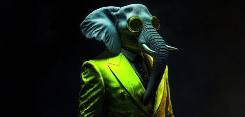 An elephant in a bright green suit and matching monocle, set against a dramatic black backdrop.
