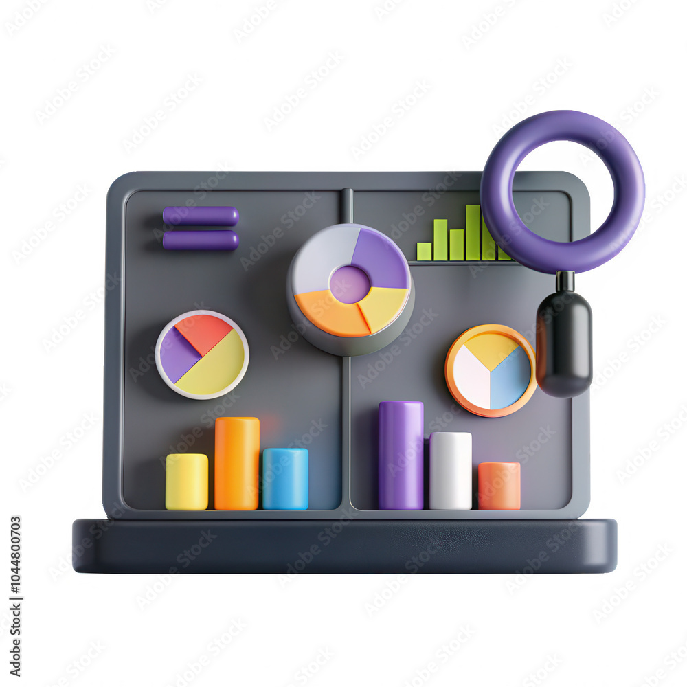 Poster a colorful 3d model representing data analysis with pie charts, bar graphs, and a magnifying glass, 