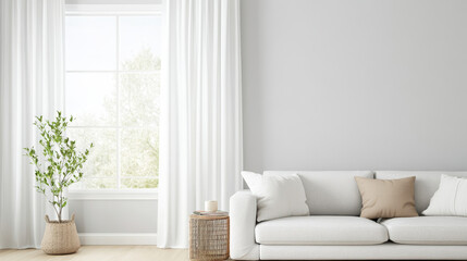 A cozy living room featuring light gray wall, comfortable sofa adorned with cushions, and stylish plant in woven basket. natural light streaming through large window enhances serene atmosphere
