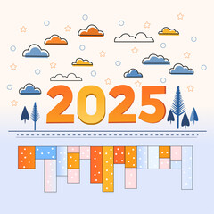 2025 Happy New Year greeting card vector template social media banner design.Hand drawn christmas tree seamless pattern illustration. Vintage style pine drawing background for festive xmas celebration