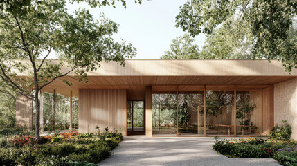 A modern wooden house surrounded by lush greenery and vibrant flowers, showcasing large glass windows that invite natural light. serene environment enhances architectural beauty