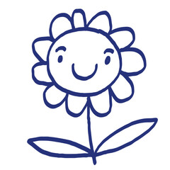Smiling flower sketch. Hand drawn vector illustration. Blue pen or marker drawing. Primitive kids picture