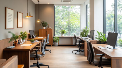 Fototapeta premium A modern office space featuring wooden desks, ergonomic chairs, and abundant greenery. large windows allow natural light to illuminate workspace, creating productive and inviting atmosphere