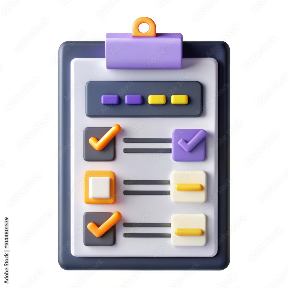 Poster a vibrant 3d rendering of a checklist featuring colorful toggle buttons and checkboxes, isolated aga