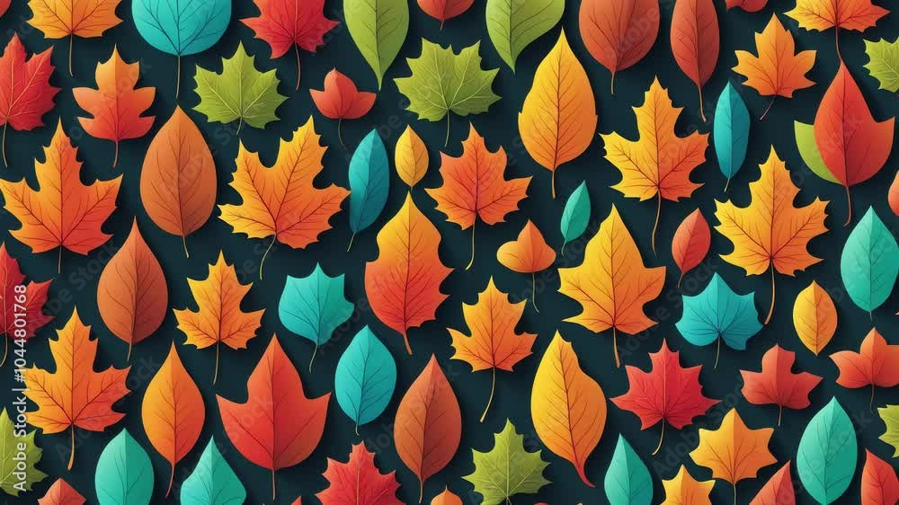 Wall mural stop motion vector loop cartoon animation, background with multicolored autumn leaves in different s
