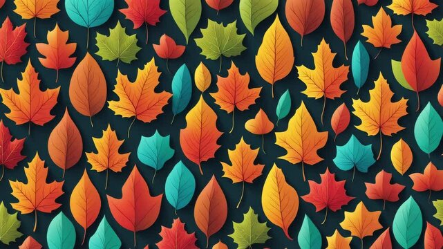 Stop motion vector loop cartoon animation, background with multicolored autumn leaves in different sizes, abstract nature background