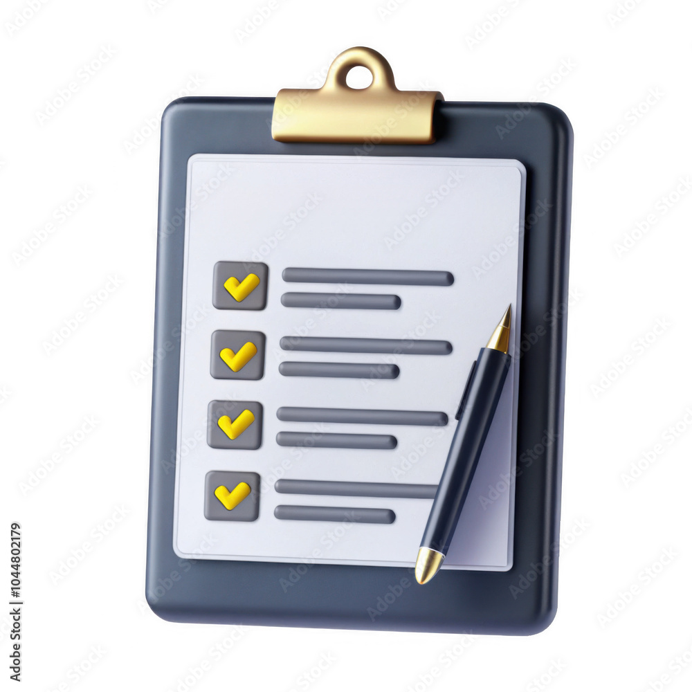 Poster a 3d render of a clipboard with checkmarks on a list, showcasing an icon style design, perfect for o