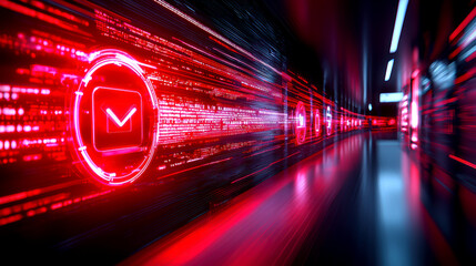 A futuristic scene showcasing a digital pathway illuminated with red light, featuring a prominent glowing notification icon amidst streaming data.