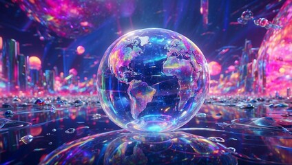 Obraz premium Illustration of metaverse digital world cyber space background, neon colorful global world in cyber space