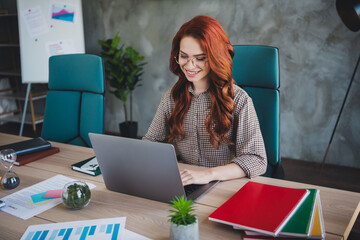 Photo of positive good mood lady specialist dressed shirt smiling communicating modern device...
