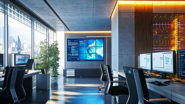 Telecommunications company office with project manager and system control