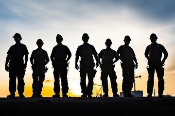 Group of male construction workers silhouetted against a sunset sky.