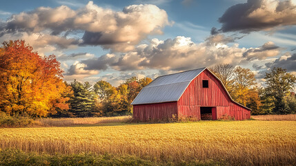 A quaint harvest storage barn surrounded by golden fields, showcasing the abundance of the Thanksgiving season.