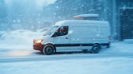 A white van driving through a snowstorm.