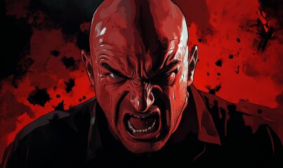 Angry man screaming against red background.