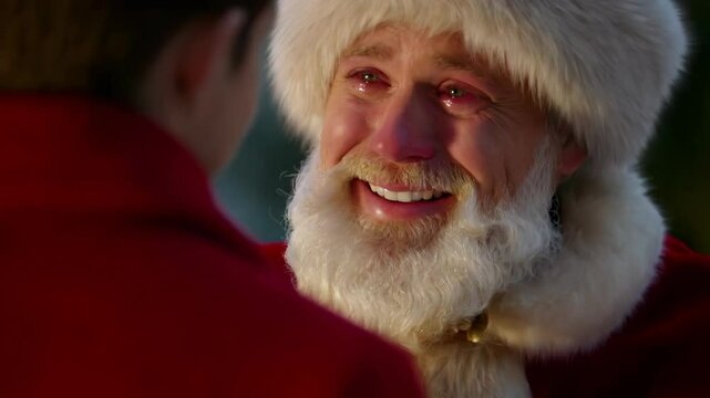 Close-up of Santa Claus tears of joy looking at his son that now an adult