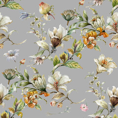 Watercolor painting of leaf and flowers, seamless pattern background