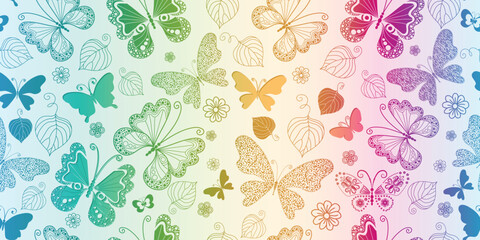 Vector seamless hand drawn floral rainbow pattern with butterflies	 on the white background