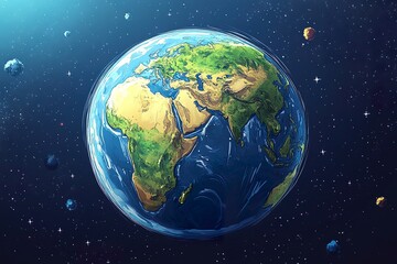 Fototapeta premium Cartoon Earth with Exaggerated Continents and Vibrant Colors - Perfect for Educational Illustrations or Fun Designs