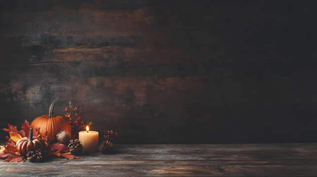 A beautifully arranged rustic Thanksgiving table decor with autumn leaves, pumpkins, and warm candlelight, with copy space. Wood grain texture dark tabletop holiday feast invitation background food