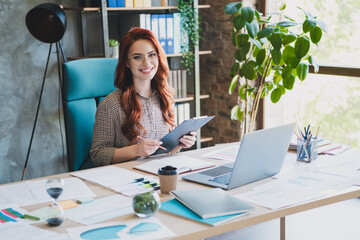 Photo of positive good mood lady specialist dressed shirt holding documents working modern device...