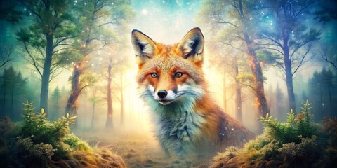 Enigmatic Kitsune: Enchanting Double Exposure Photography Blending Nature and Mythical Fox Spirits in a Dreamlike Forest Landscape