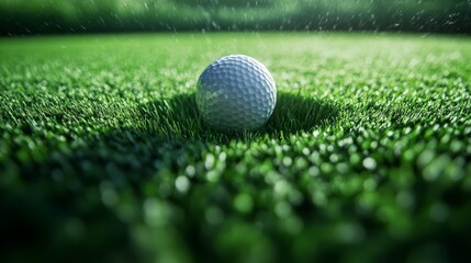 Dynamic scene of a golf ball about to drop into the hole, vibrant green grass blades adding motion and depth to the sport's critical moment