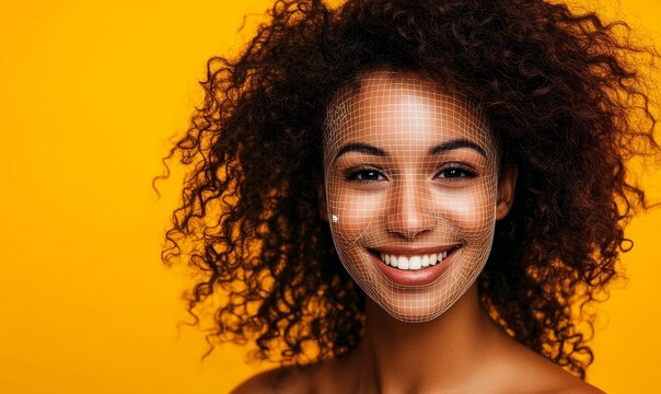 Smiling woman with curly hair and grid on face.