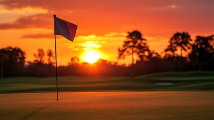 Golden hour illuminates a golf course, with a perfect shot in motion, soaring through the orange sky, landing inches from the flagstick