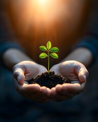 Nurturing a young plant in hands with sunlight backdrop