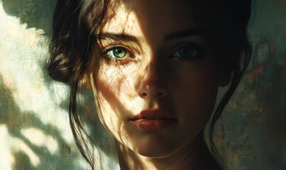 A woman's face with sunlight dappled shadows.