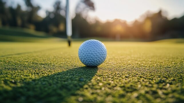 Golf ball in sharp focus near the hole, flag pin slightly out of focus, showcasing a close-up texture of the green under soft sunlight