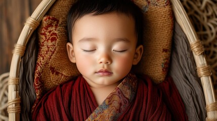 赤い毛布に包まれた赤ちゃんの安らかな眠り