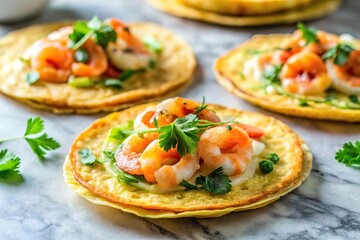 Vietnamese shrimp pancakes on marble counter extreme close-up