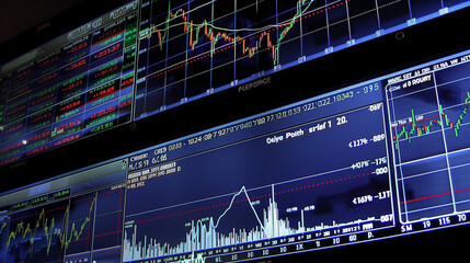 Fototapeta premium Dynamic Stock Market Data Visualization with Bright Lines on Dark Blue Background, Illustrating Financial Research and Analysis in Trading Environment.