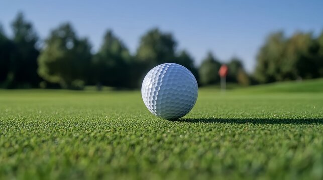 Golf ball soaring through the air, sharp focus on the ball, vibrant green fairway and distant pin in the background. golf ball close-up, outdoor action