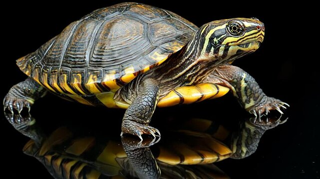 A turtle with a yellow and black shell walks across a black surface