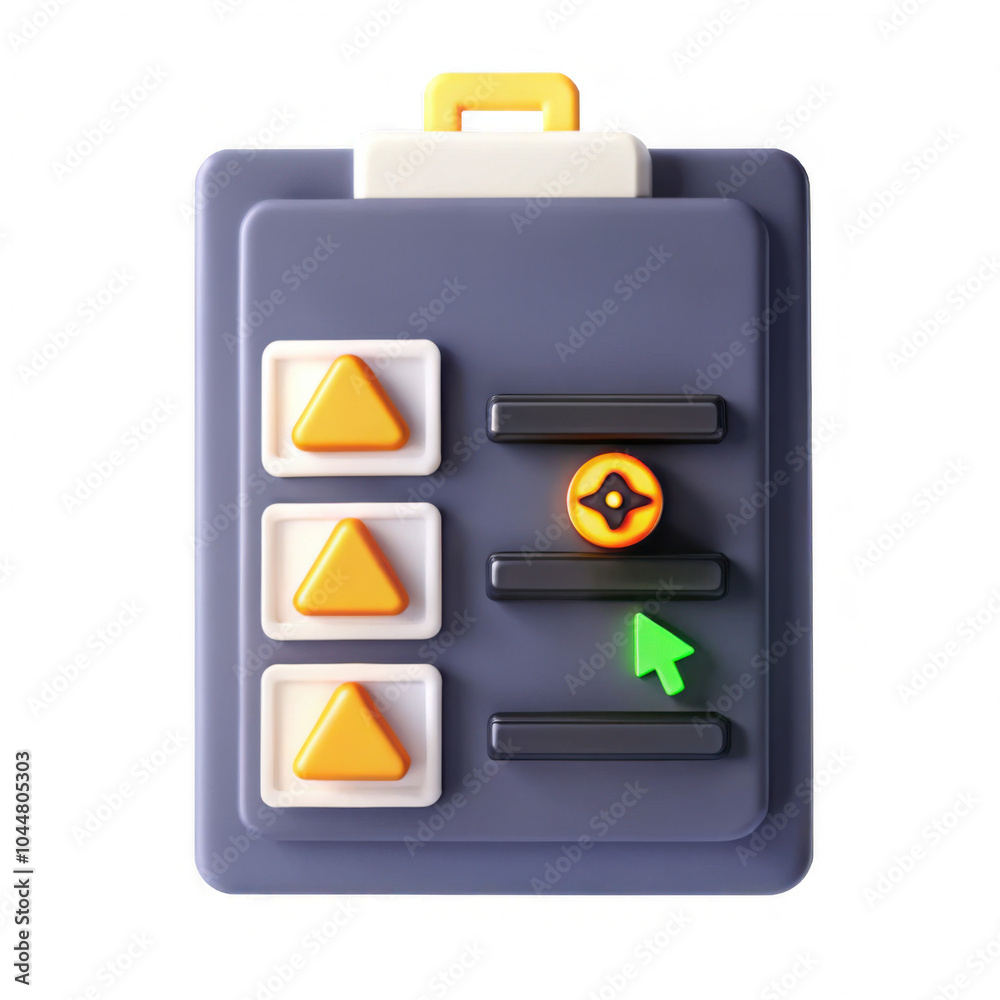 Poster A 3D render of a control panel featuring buttons and an indicator. The model is colorful and modern, representing a user interface concept.