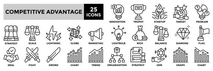  Competitive advantage  icon collection set. Containing strategy, innovation,marketing,target,trend icon. Simple line vector illustration