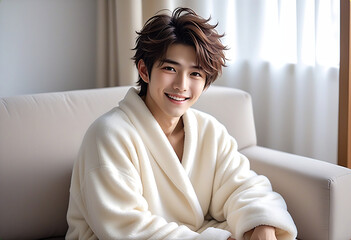 A handsome man relaxing on a white sofa in a living room with the morning sun shining in. Loungewear. Fluffy pajamas. Winter atmosphere.朝日の差し込むリビングルームの白色のソファでくつろぐイケメンな男性。部屋着。モコモコのパジャマ。冬の雰囲気。