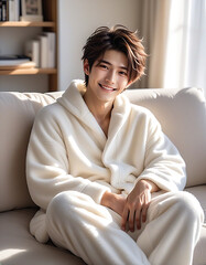 A handsome man relaxing on a white sofa in a living room with the morning sun shining in. Loungewear. Fluffy pajamas. Winter atmosphere.朝日の差し込むリビングルームの白色のソファでくつろぐイケメンな男性。部屋着。モコモコのパジャマ。冬の雰囲気。