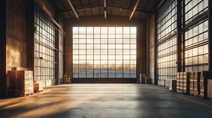 Warehouse with large windows, natural light, modern and efficient interior.