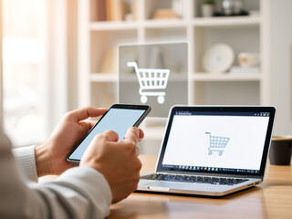 A businessman working at his desk, typing on a laptop while using a tablet, surrounded by notebooks and business cards, showcasing modern technology and communication