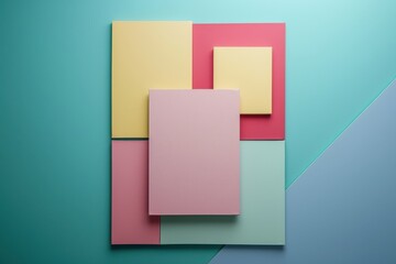 Fototapeta premium Colorful abstract composition of paper sheets arranged on a teal background