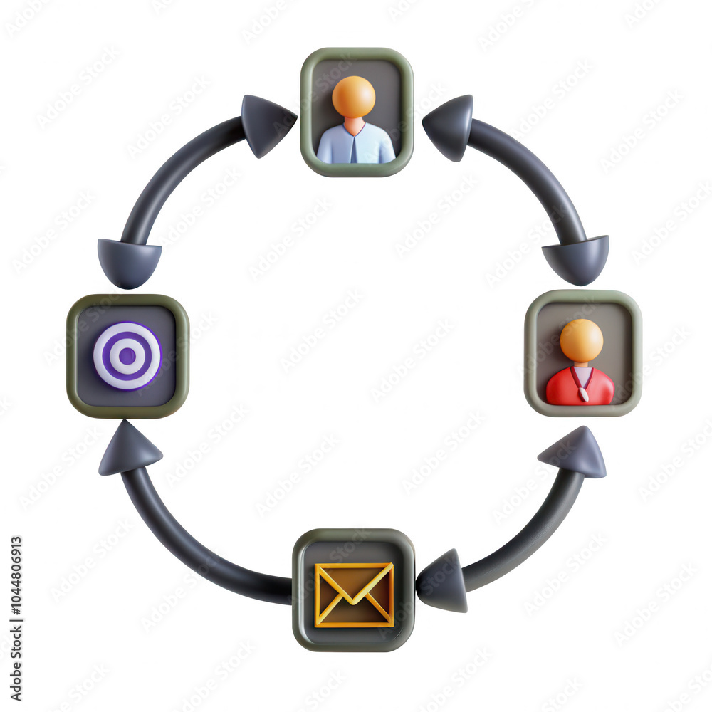 Poster a 3d rendered model illustrating a circular business communication cycle. it features diverse charac